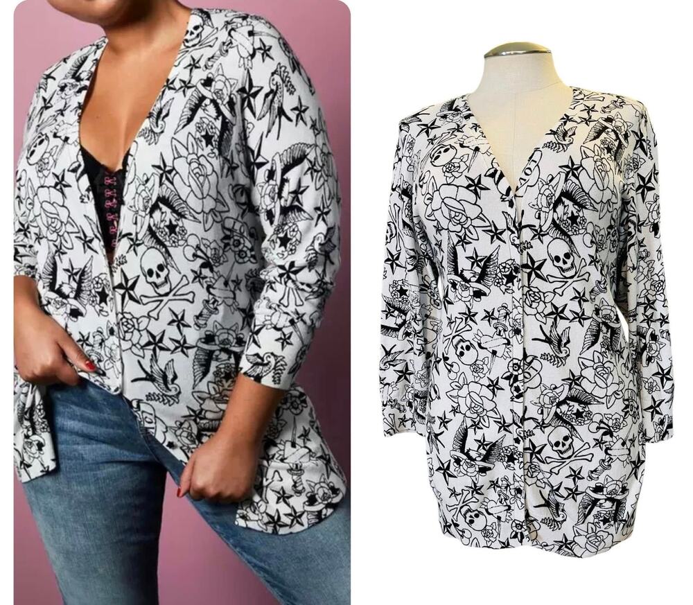 Torrid Betsey Johnson Sailor Tattoo Boyfriend Cardigan Sweater Punk Gothic 2X